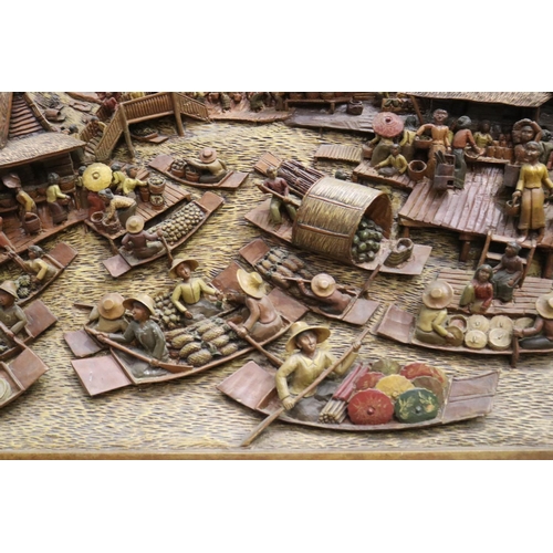 139 - Impressive South East Asian high relief, river market scene, approx 101cm H x 225cm W