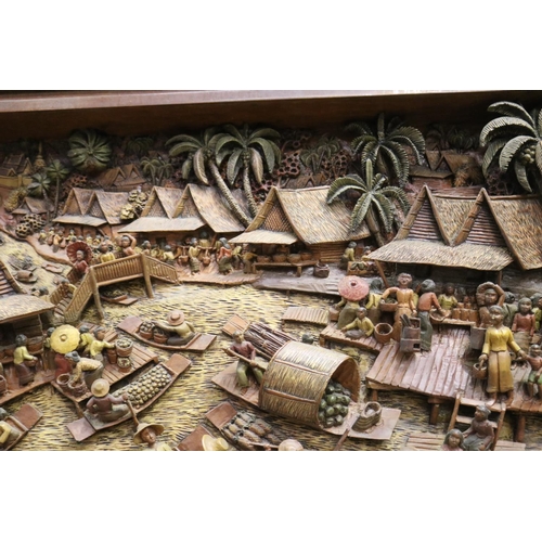 139 - Impressive South East Asian high relief, river market scene, approx 101cm H x 225cm W