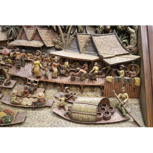 139 - Impressive South East Asian high relief, river market scene, approx 101cm H x 225cm W