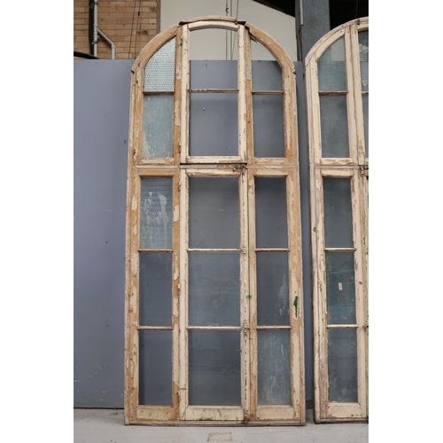 142 - Tall French wooden arched frame window, with original fitted hardware, some glass missing, approx 42... 