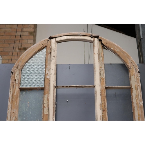 142 - Tall French wooden arched frame window, with original fitted hardware, some glass missing, approx 42... 