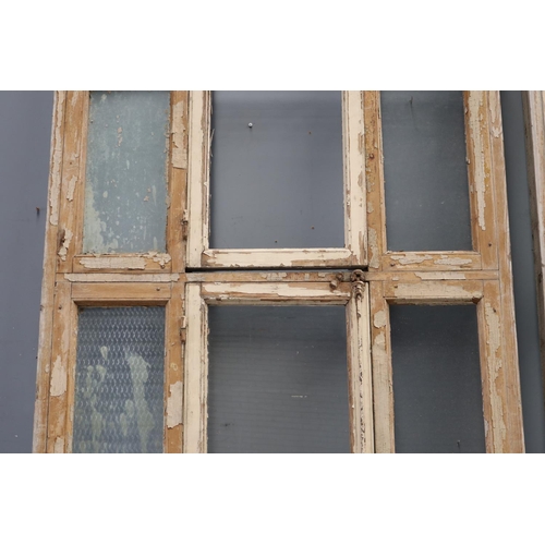 142 - Tall French wooden arched frame window, with original fitted hardware, some glass missing, approx 42... 