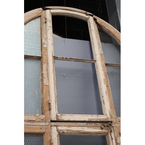 142 - Tall French wooden arched frame window, with original fitted hardware, some glass missing, approx 42... 