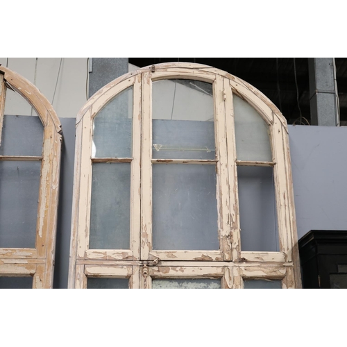 143 - Tall French wooden arched frame window, with original fitted hardware, some glass missing, approx 42... 