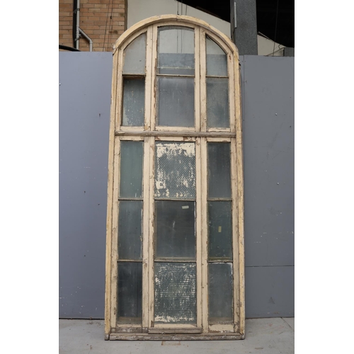 143 - Tall French wooden arched frame window, with original fitted hardware, some glass missing, approx 42... 