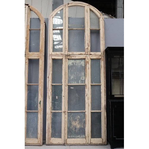 143 - Tall French wooden arched frame window, with original fitted hardware, some glass missing, approx 42... 