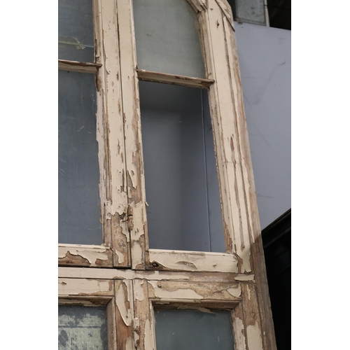 143 - Tall French wooden arched frame window, with original fitted hardware, some glass missing, approx 42... 