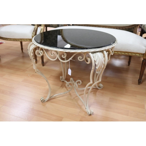 150 - Vintage French painted iron & black glass topped table, approx 54.5cm H x 62cm Dia