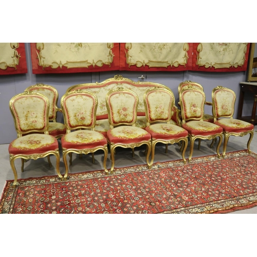 151 - Impressive antique 19th century French Louis XV nine piece lounge suite, gilt wood with Aubusson uph... 