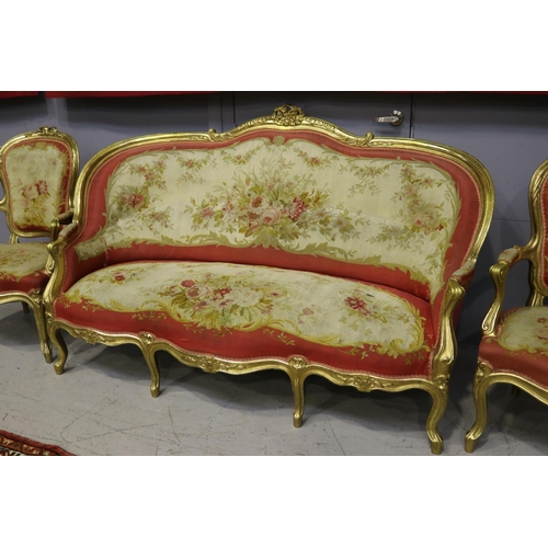151 - Impressive antique 19th century French Louis XV nine piece lounge suite, gilt wood with Aubusson uph... 