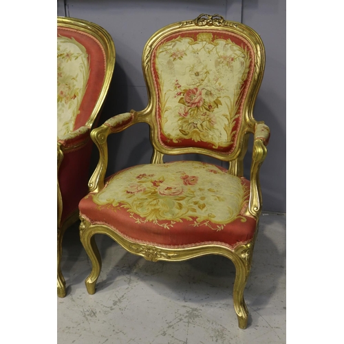 151 - Impressive antique 19th century French Louis XV nine piece lounge suite, gilt wood with Aubusson uph... 