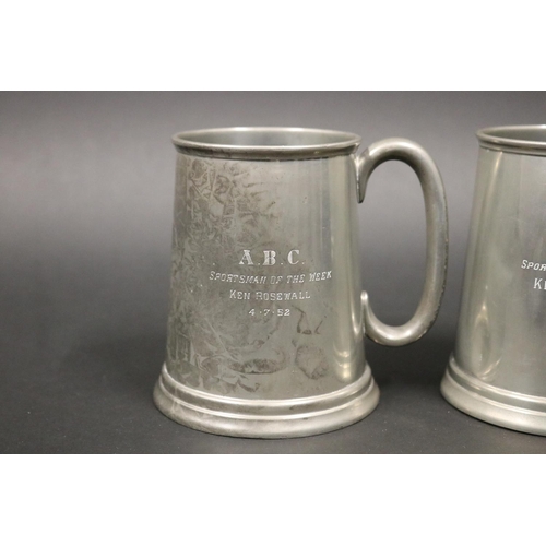 1021 - Three pewter mugs, inscribed, ABC SPORTMSN OF THE WEEK KEN ROSEWALL 23.1.53, ABC SPORTSMAN OF THE WE... 