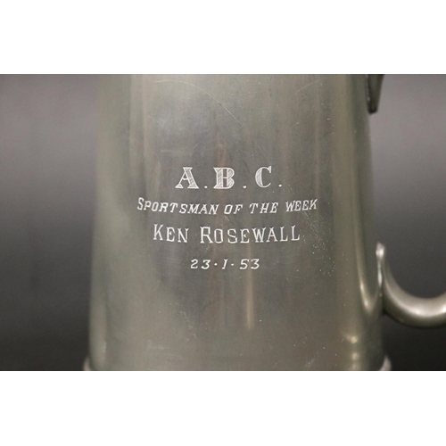1021 - Three pewter mugs, inscribed, ABC SPORTMSN OF THE WEEK KEN ROSEWALL 23.1.53, ABC SPORTSMAN OF THE WE... 