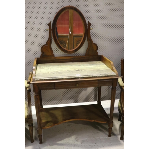 153 - Antique French dressing table with oval mirror, faux marble surface, single drawer and pot rack appr... 