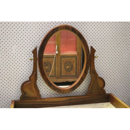 153 - Antique French dressing table with oval mirror, faux marble surface, single drawer and pot rack appr... 