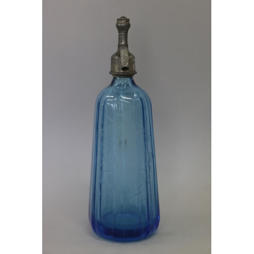 154 - Vintage French bistro blue glass soda siphon, F Garot of Laval, approx 33cm H