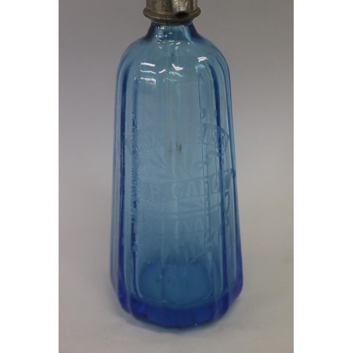 154 - Vintage French bistro blue glass soda siphon, F Garot of Laval, approx 33cm H