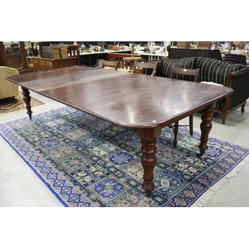 158 - Antique English turned leg dining table with two leaves, approx 75cm H x 292cm W x 144cm D