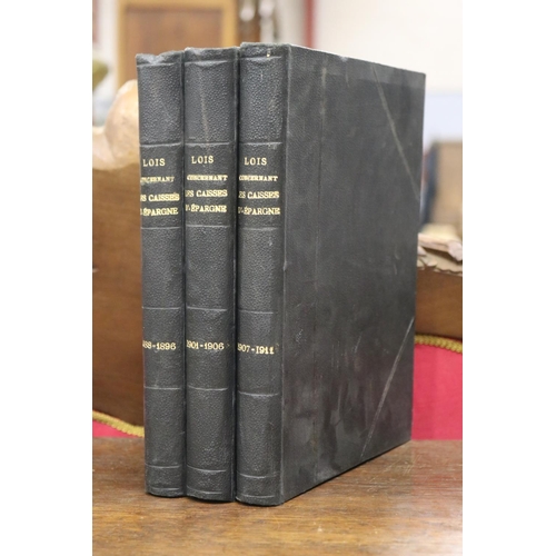 161 - Three French books, Lois Concernant Les Caisses D'Epargne, 1888-1896, 1901-1906, 1907-1911 (3)