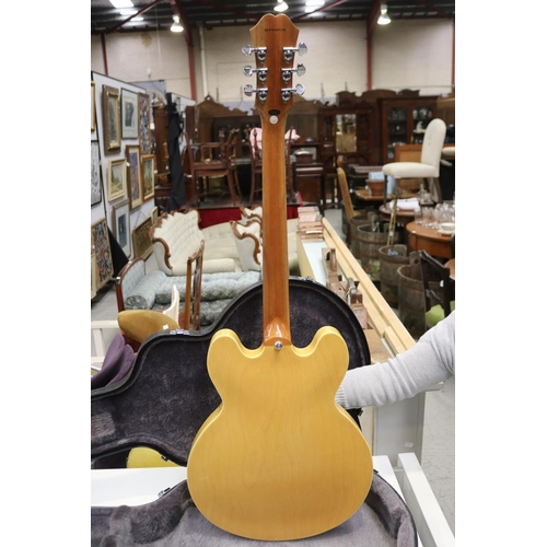162 - Early 2000's edition Epiphone 335 Dot hollow body guitar in natural maple colour, with Epiphone hard... 