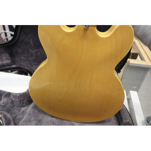 162 - Early 2000's edition Epiphone 335 Dot hollow body guitar in natural maple colour, with Epiphone hard... 