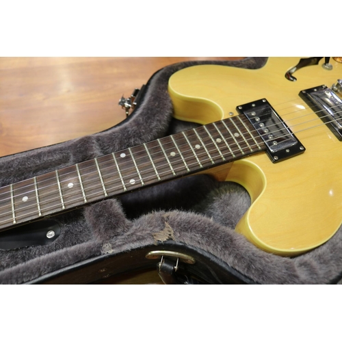 162 - Early 2000's edition Epiphone 335 Dot hollow body guitar in natural maple colour, with Epiphone hard... 