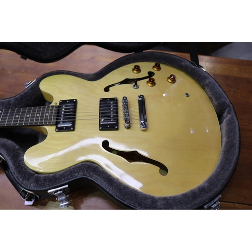 162 - Early 2000's edition Epiphone 335 Dot hollow body guitar in natural maple colour, with Epiphone hard... 