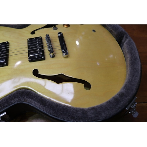 162 - Early 2000's edition Epiphone 335 Dot hollow body guitar in natural maple colour, with Epiphone hard... 