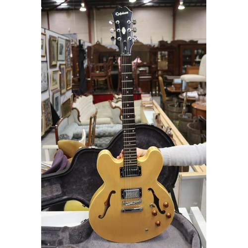 162 - Early 2000's edition Epiphone 335 Dot hollow body guitar in natural maple colour, with Epiphone hard... 