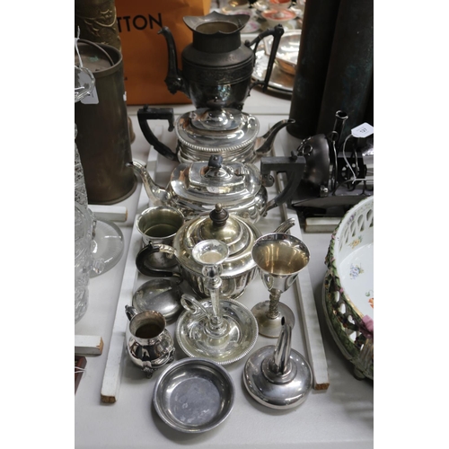 166 - Assortment of silver plate to include teapots, funnel, etc, approx 26cm H and shorter