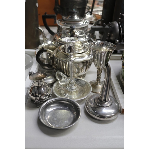 166 - Assortment of silver plate to include teapots, funnel, etc, approx 26cm H and shorter