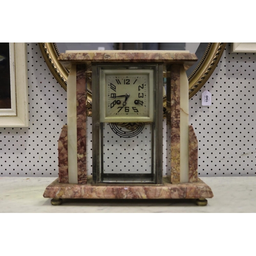 170 - French Art Deco marble mantle clock, untested, has key and pendulum (in office C147.88) approx 33cm ... 
