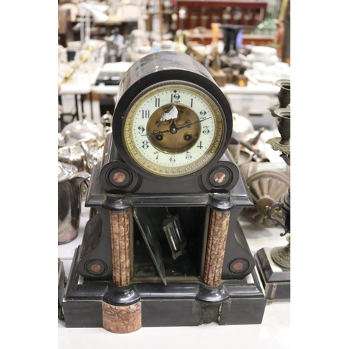 171 - Antique French mantle clock and garnitures, AF to marble, no key, has pendulum, unknown working orde... 