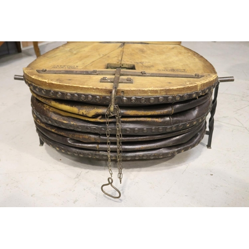 176 - Antique French blacksmiths forge wooden bellows on custom made stand, approx 52cm H x 140cm W x 84cm... 