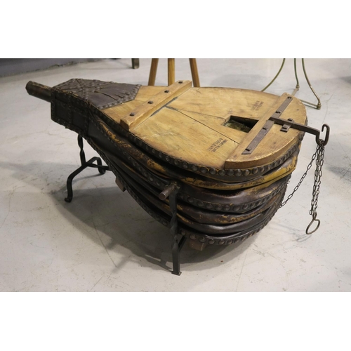 176 - Antique French blacksmiths forge wooden bellows on custom made stand, approx 52cm H x 140cm W x 84cm... 