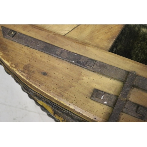 176 - Antique French blacksmiths forge wooden bellows on custom made stand, approx 52cm H x 140cm W x 84cm... 