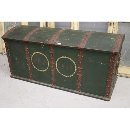 177 - Large antique mid 19th century Swiss marriage trunk, with pierced iron bound mounts, painted panel t... 