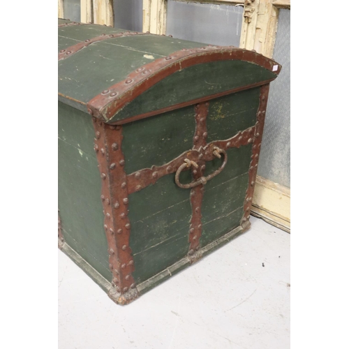 177 - Large antique mid 19th century Swiss marriage trunk, with pierced iron bound mounts, painted panel t... 