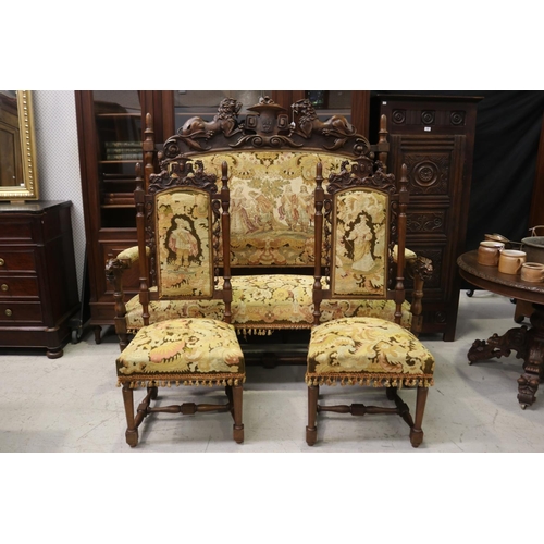 183 - Imposing over the top antique French Renaissance revival settee and pair of side chairs, with tapest... 