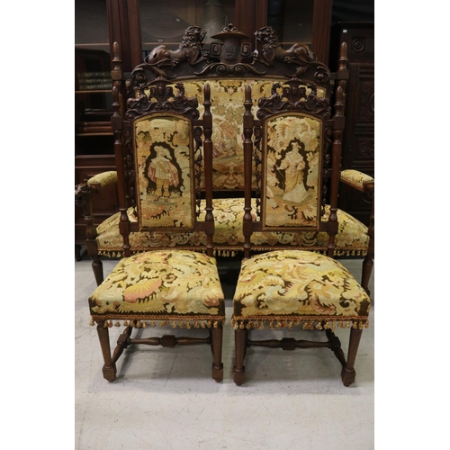 183 - Imposing over the top antique French Renaissance revival settee and pair of side chairs, with tapest... 