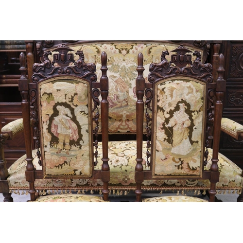 183 - Imposing over the top antique French Renaissance revival settee and pair of side chairs, with tapest... 