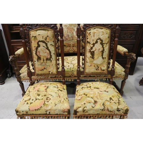 183 - Imposing over the top antique French Renaissance revival settee and pair of side chairs, with tapest... 