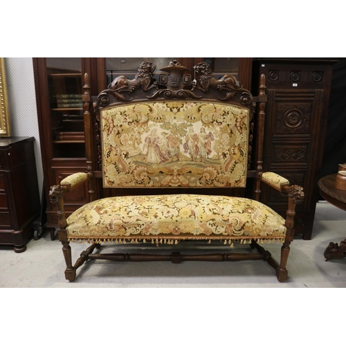 183 - Imposing over the top antique French Renaissance revival settee and pair of side chairs, with tapest... 