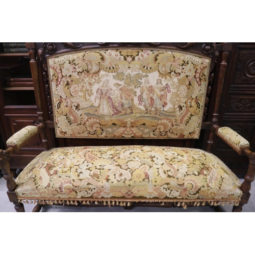 183 - Imposing over the top antique French Renaissance revival settee and pair of side chairs, with tapest... 