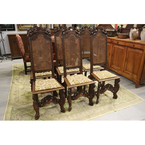 184 - Set of six imposing antique Flemish period revival high back chairs, pierced carved backs with a cen... 