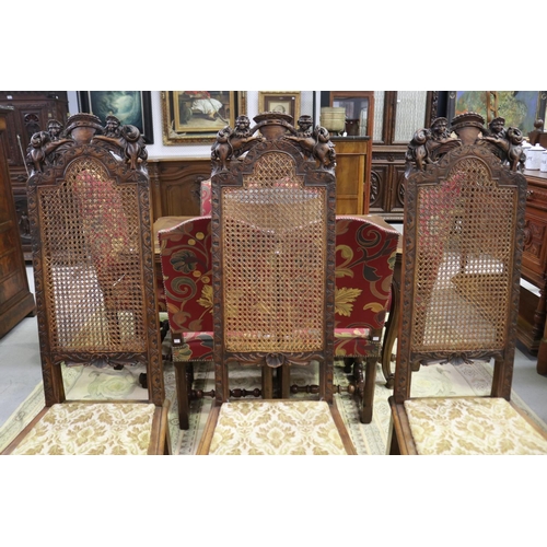 184 - Set of six imposing antique Flemish period revival high back chairs, pierced carved backs with a cen... 