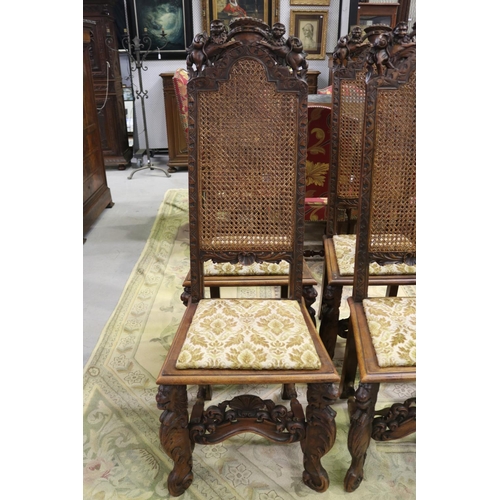 184 - Set of six imposing antique Flemish period revival high back chairs, pierced carved backs with a cen... 