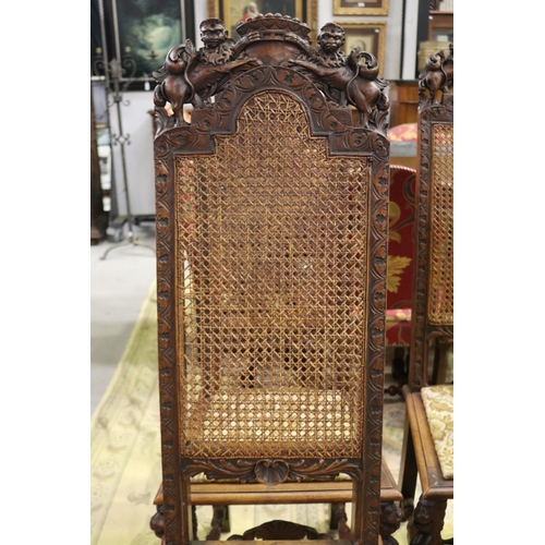 184 - Set of six imposing antique Flemish period revival high back chairs, pierced carved backs with a cen... 