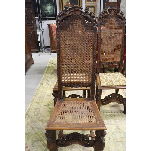 184 - Set of six imposing antique Flemish period revival high back chairs, pierced carved backs with a cen... 