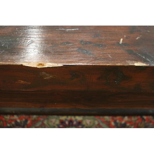 185 - Long antique style slab top trestle table, champhered square legs, with central stretcher, approx 76... 